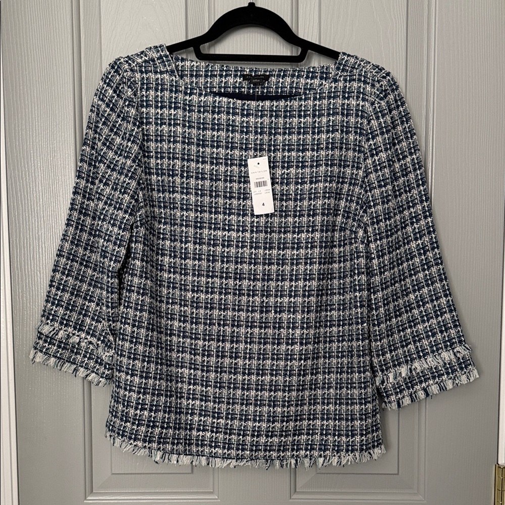 Ann Taylor Navy and White Tweed Fringe Boatneck Blouse
